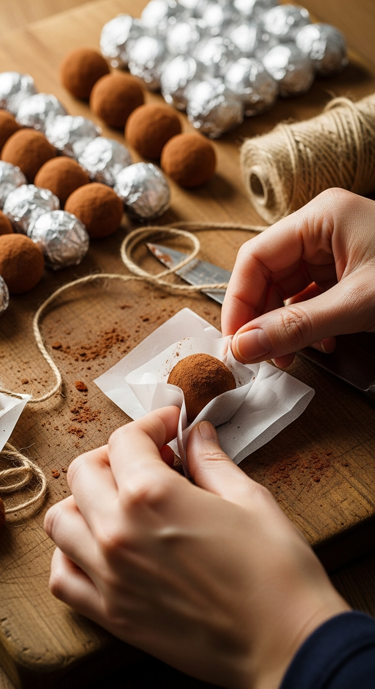 AI_IMAGE: A pair of hands carefully wrapping a small truffle in wax paper on a wooden cutting board, surrounded by rows of finished candies and spools of twine, soft warm studio lighting, shallow depth of field, cozy artisan workshop setting | photorealistic | portrait