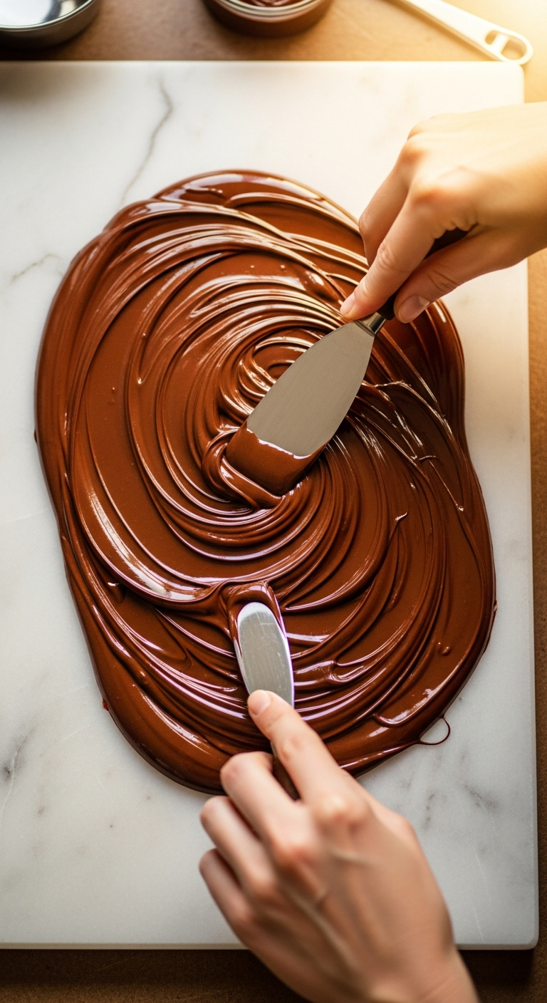 AI_IMAGE: Close-up overhead shot of hands tempering dark chocolate on a marble slab with a palette knife, with swirls of glossy melted chocolate, warm golden light from a nearby window, shallow depth of field, artisan confectionery workshop atmosphere | photorealistic | portrait