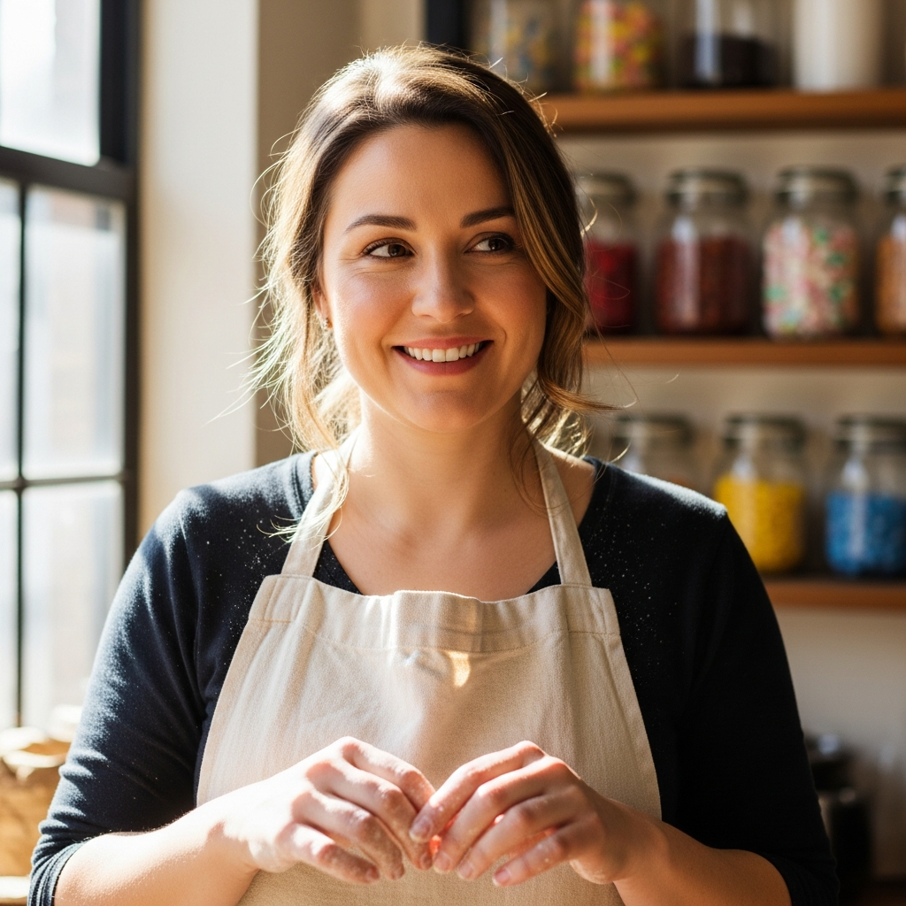 AI_IMAGE: Portrait photograph of a smiling woman in a cream linen apron standing in a warm sunlit studio kitchen, hands dusted with powdered sugar, wooden shelves with glass jars of colorful candy behind her, soft natural window light, warm intimate documentary photography style | photorealistic | square