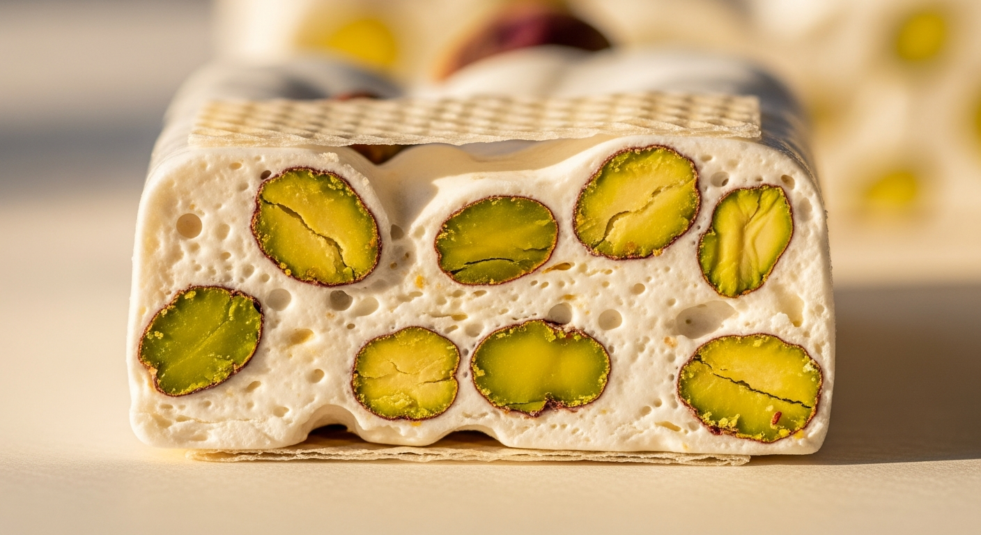 AI_IMAGE: Close-up detail photograph of a cross-section of pistachio nougat showing the chewy white interior densely packed with bright green pistachio halves, thin wafer paper edges visible, soft natural light, shallow depth of field on a cream surface | photorealistic warm editorial food photography | 4:3