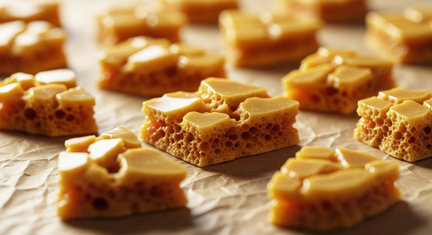AI_IMAGE: Close-up photograph of golden honeycomb toffee pieces with a shattered crystalline texture, arranged on parchment paper with soft natural light and shallow depth of field, warm amber tones, artisanal food photography | photorealistic | landscape