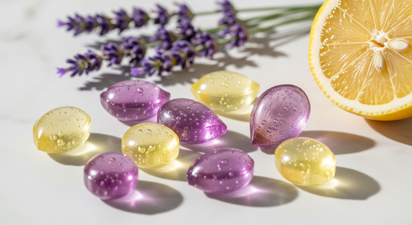 AI_IMAGE: Photograph of translucent pale yellow and purple hard candy drops scattered on a light marble surface next to sprigs of fresh lavender and a halved lemon, bright natural light from above, clean pastel color palette, artisanal candy photography | photorealistic | landscape