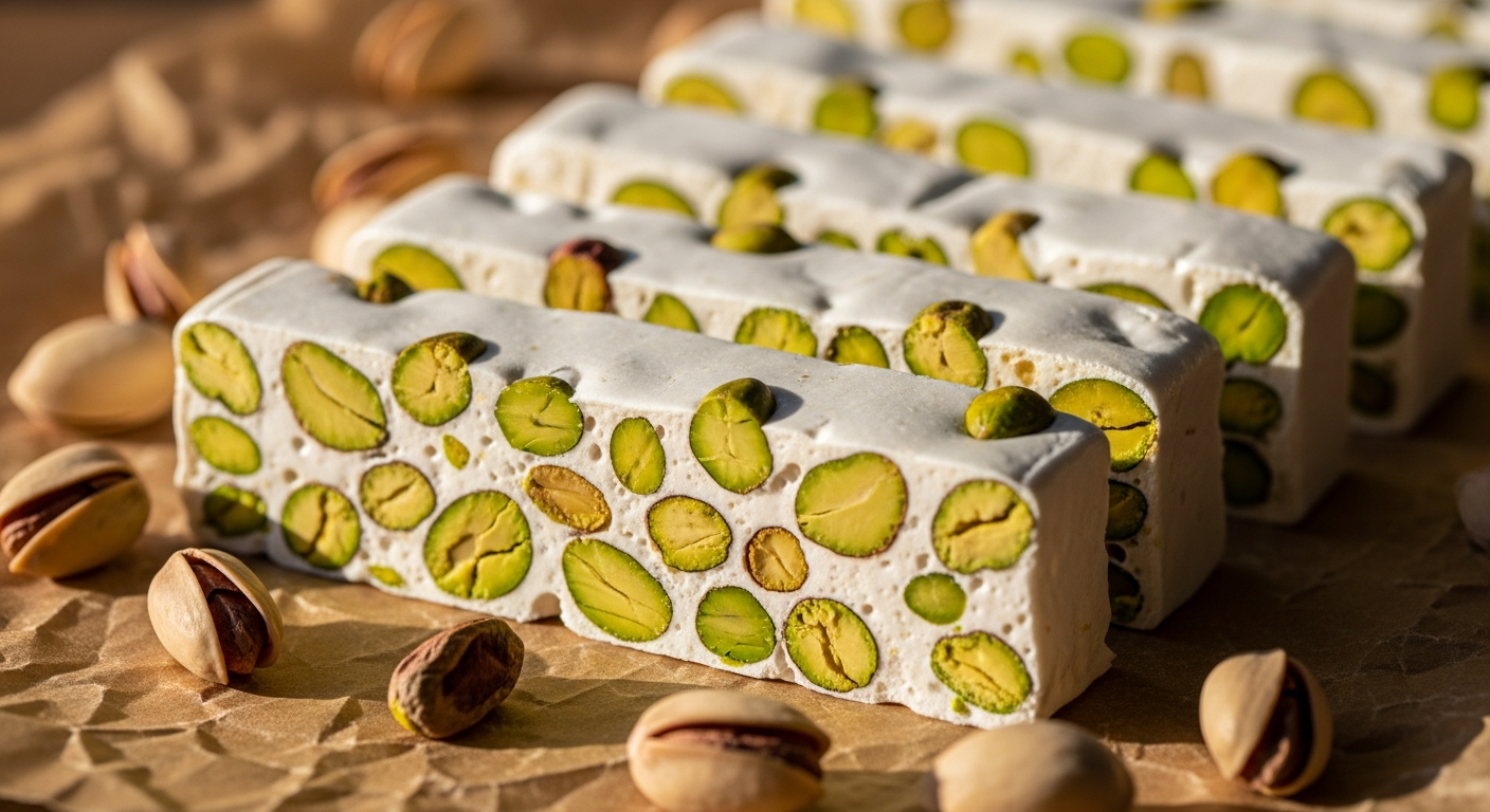 AI_IMAGE: Close-up photograph of sliced pistachio nougat bars revealing bright green pistachio pieces embedded in creamy white nougat, arranged on brown parchment paper with scattered whole pistachios, warm natural side lighting, artisanal Mediterranean confectionery photography | photorealistic | landscape