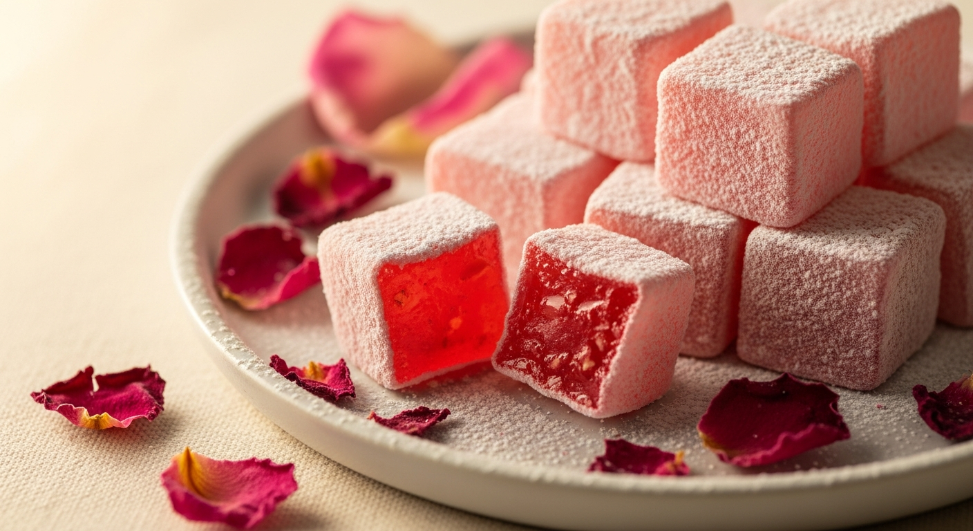 AI_IMAGE: Close-up photograph of pink rose-dusted Turkish delight cubes arranged on a small ceramic plate with a scattering of dried rose petals and powdered sugar, soft natural light from the side, warm pastel tones on a cream linen background, artisanal food photography | photorealistic | landscape