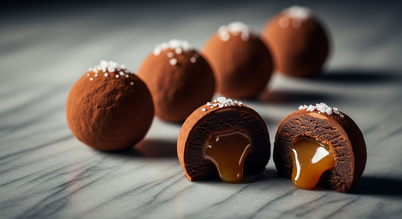 AI_IMAGE: Photograph of dark chocolate salted caramel truffles arranged in a line on a marble surface, some cut in half revealing golden caramel centers, flakes of Maldon sea salt visible on top, moody warm lighting with shallow depth of field, artisanal confectionery photography | photorealistic | landscape