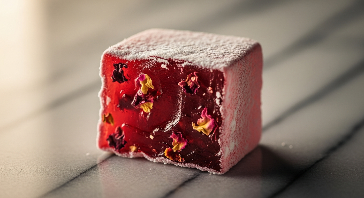 AI_IMAGE: Close-up detail photograph of a single cube of rose Turkish delight broken in half showing the soft jelly interior flecked with rose petal fragments, powdered sugar dusted surface, warm diffused light, shallow depth of field on a marble surface | photorealistic warm editorial food photography | 4:3